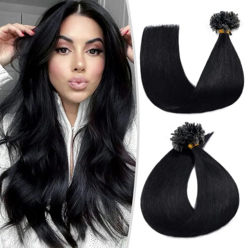 Straight U Tip Hair Extensions Brazilian Real Human Fusion Hair Extension 50pcs/ Set Keratin Capsule #1B Natural Color 16-26inch