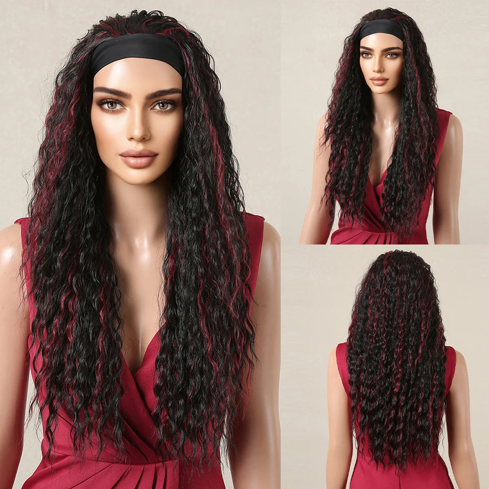 HENRY MARGU Women's Headband Wig Synthetic Hair Long Straight Brown Gloden Highlight Glueless Wigs for Black Women Machine Made