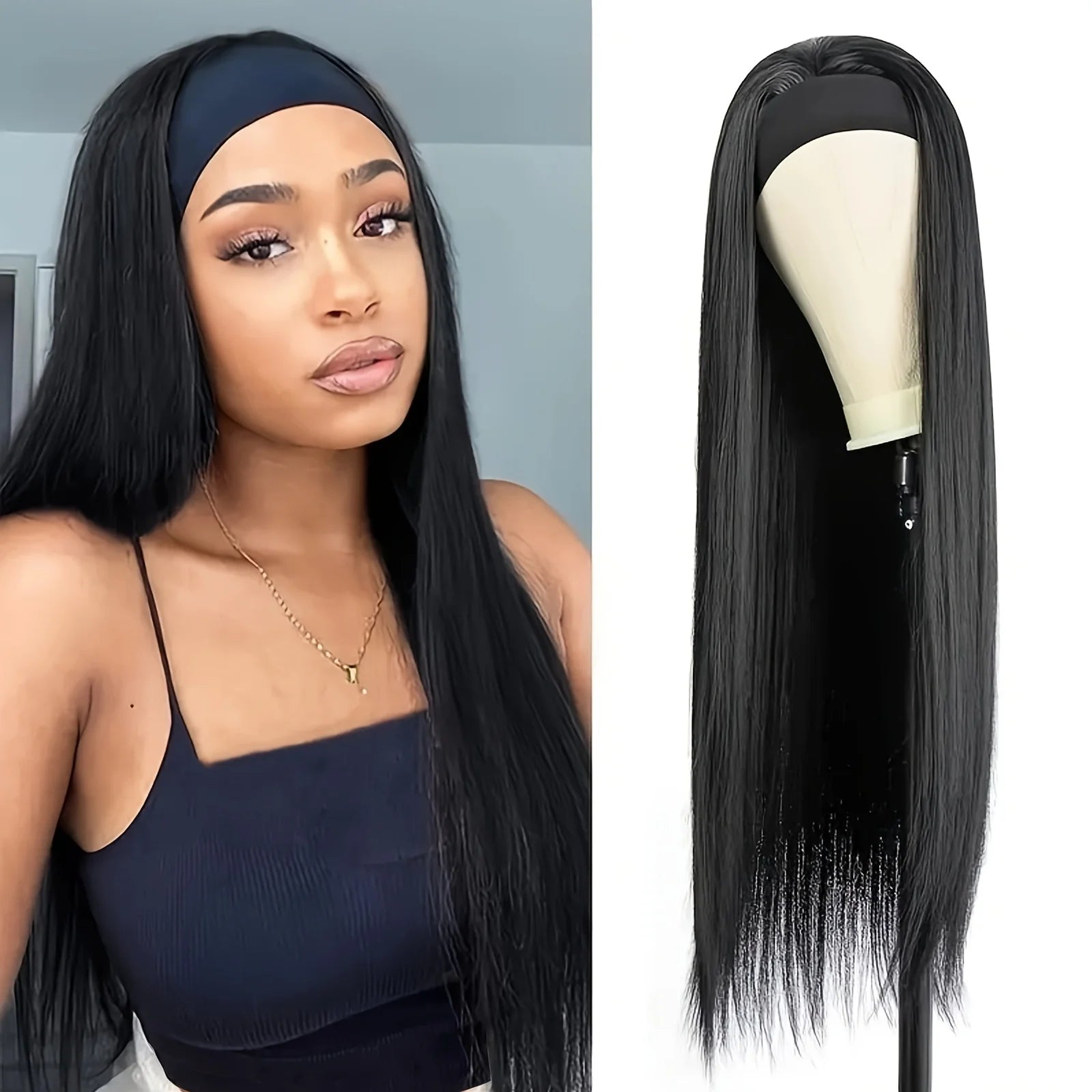 28 Inch Straight Headband Wig Black Heat Resistant Synthetic Hair Women's Headband Wig Full Machine Made Wigs Women