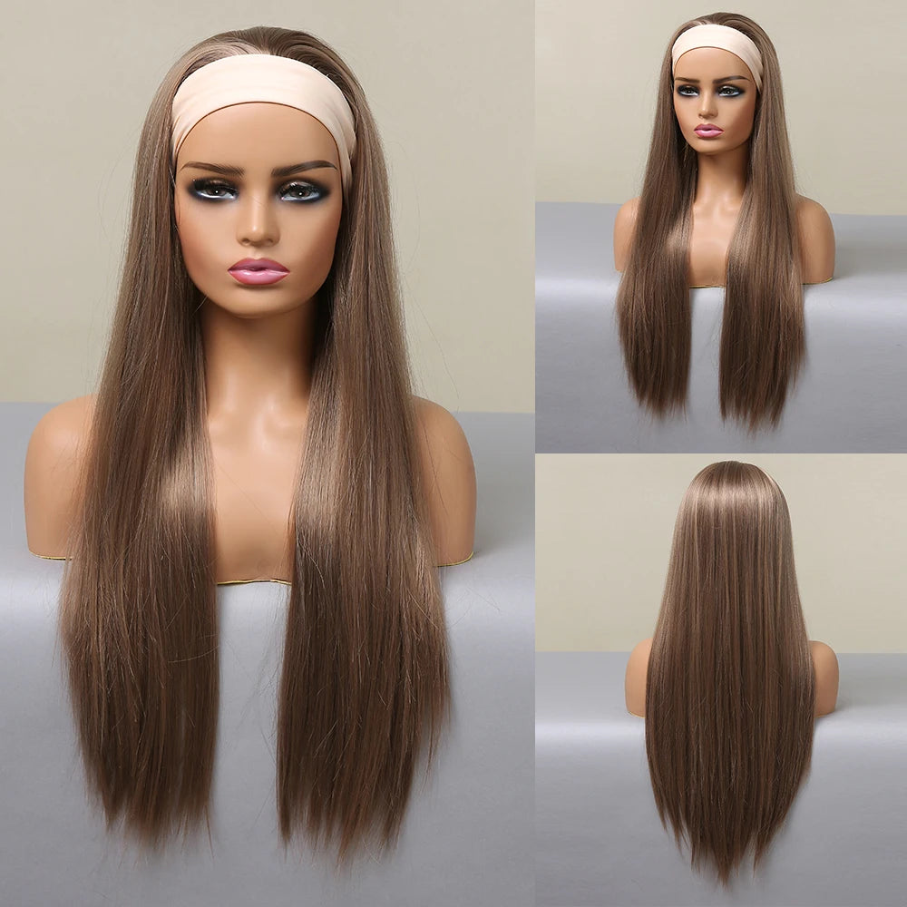 HENRY MARGU Women's Headband Wig Synthetic Hair Long Straight Brown Gloden Highlight Glueless Wigs for Black Women Machine Made