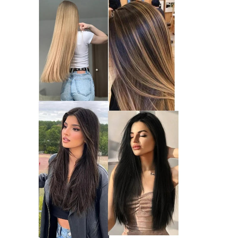 24 Inchs 16 Clips in Hair Extensions Long Straight Hairstyle Synthetic Blonde Black Hairpieces Heat Resistant False Hair