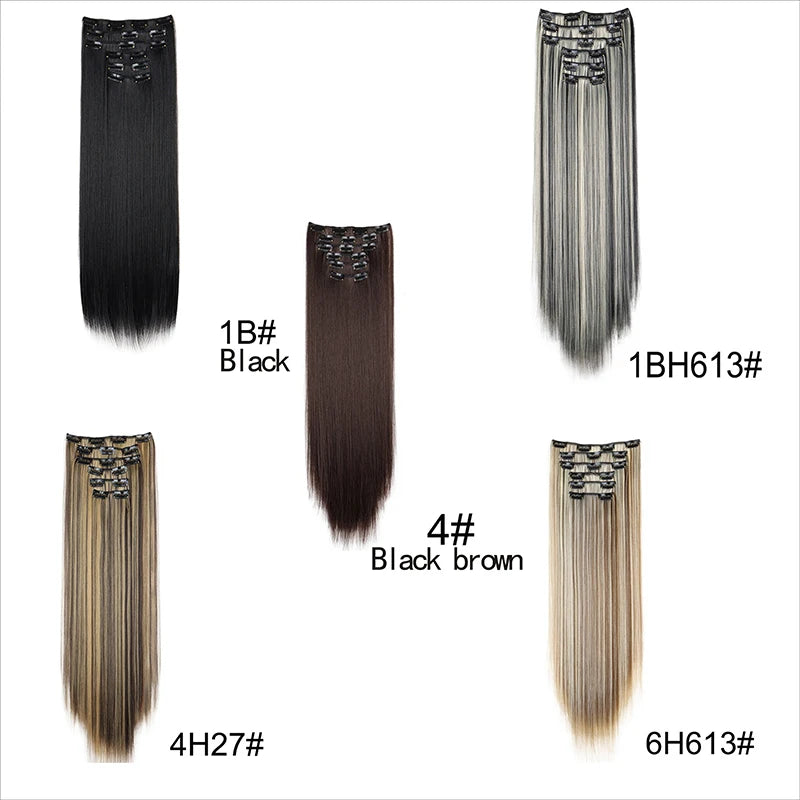 24 Inchs 16 Clips in Hair Extensions Long Straight Hairstyle Synthetic Blonde Black Hairpieces Heat Resistant False Hair