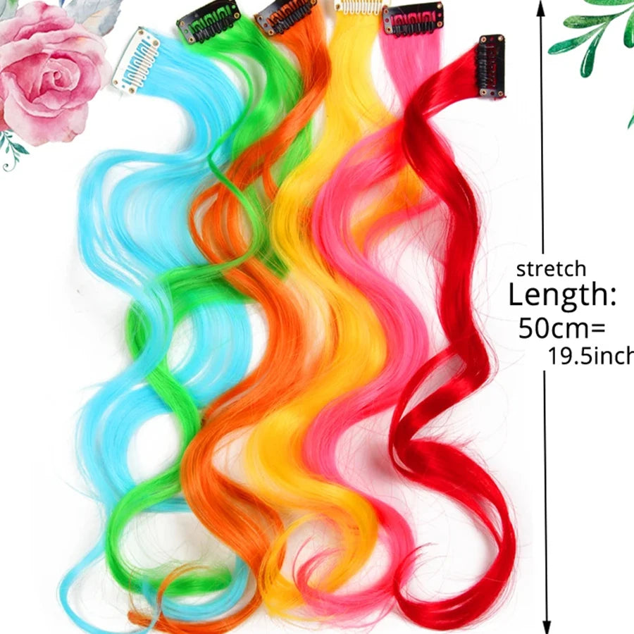 Colorful Hair Extensions Curly One Clip in Synthetic Long Hairpiece For Girls Women Kid Multi-colors Party Highlights Wig Piece