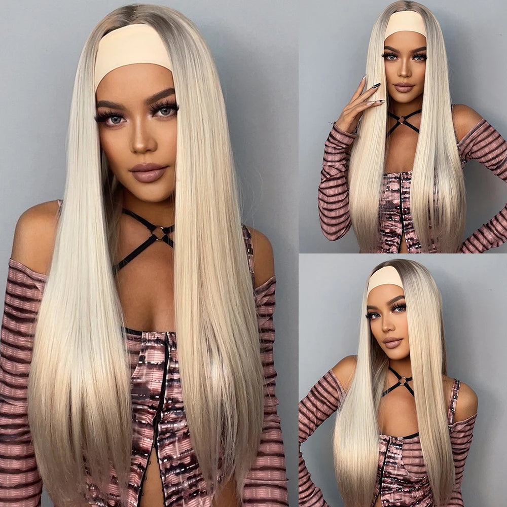 HENRY MARGU Women's Headband Wig Synthetic Hair Long Straight Brown Gloden Highlight Glueless Wigs for Black Women Machine Made