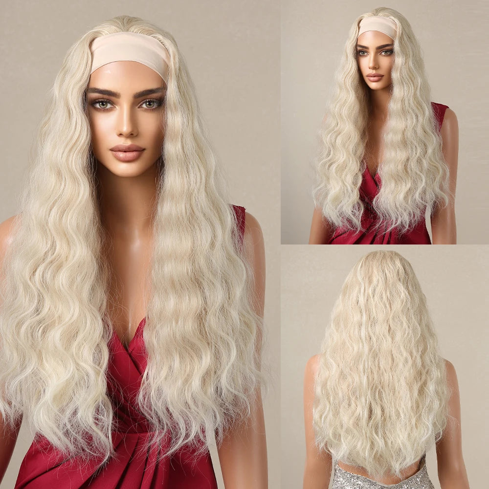 Brown Headband Synthetic Wig Long Curly Wavy Wig Natural Looking Daily Hair for Women Party Cosplay Use High Temperature Fiber