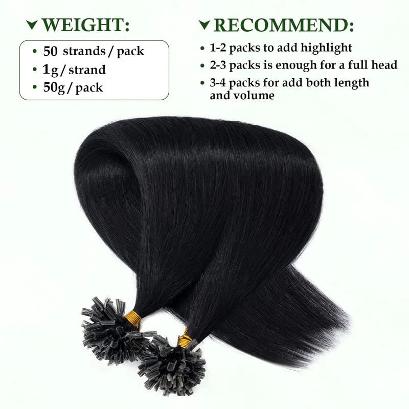 Straight U Tip Hair Extensions Brazilian Real Human Fusion Hair Extension 50pcs/ Set Keratin Capsule #1B Natural Color 16-26inch