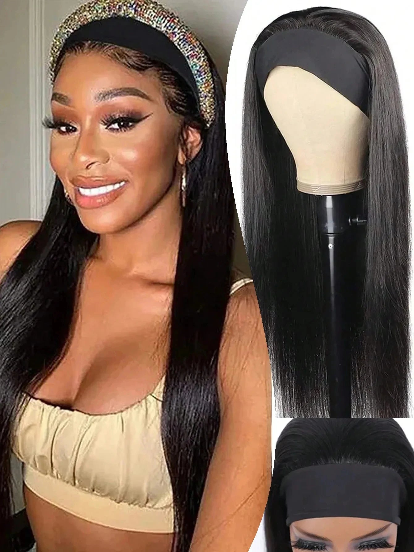 Long Straight Headband Wigs 32Inch Synthetic Ice Headband Wig For Black Women Afro Curly Water Wave Organic Fiber Hair LM