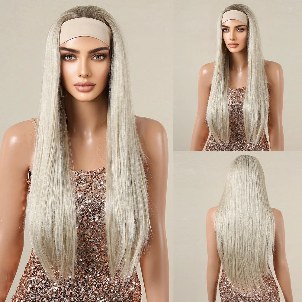 HENRY MARGU Women's Headband Wig Synthetic Hair Long Straight Brown Gloden Highlight Glueless Wigs for Black Women Machine Made