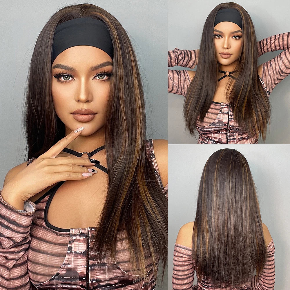 HENRY MARGU Women's Headband Wig Synthetic Hair Long Straight Brown Gloden Highlight Glueless Wigs for Black Women Machine Made