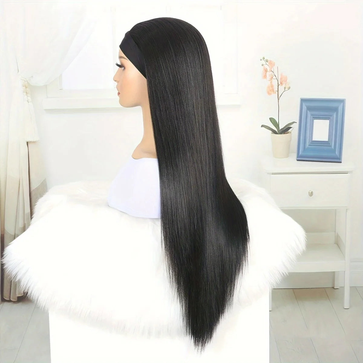 28 Inch Straight Headband Wig Black Heat Resistant Synthetic Hair Women's Headband Wig Full Machine Made Wigs Women
