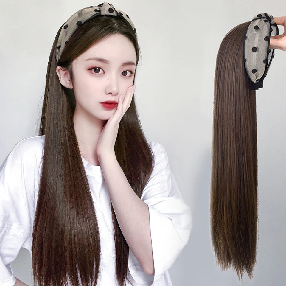 Synthetic Straight Headband Wig Black/Brown Heat Resistant Synthetic Hair Women's Headband Wig Full Machine Made Wigs For Women
