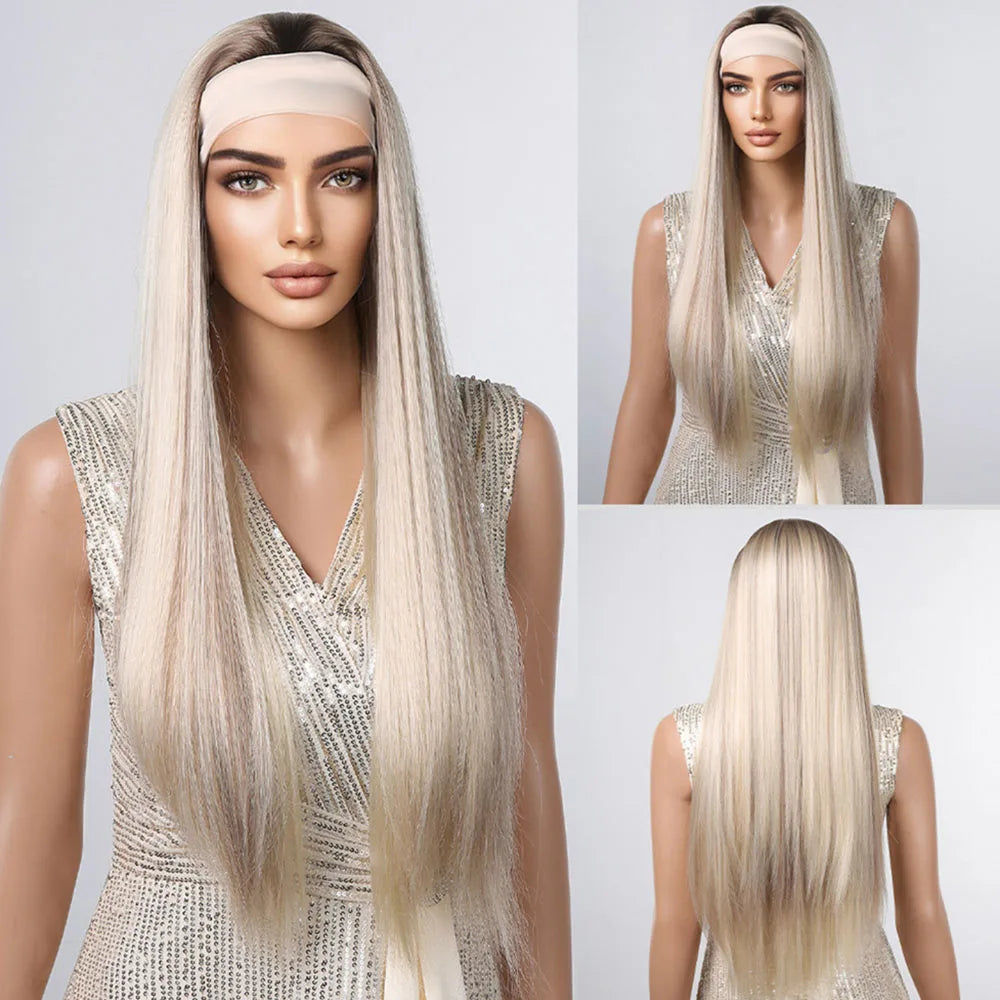 HENRY MARGU Women's Headband Wig Synthetic Hair Long Straight Brown Gloden Highlight Glueless Wigs for Black Women Machine Made
