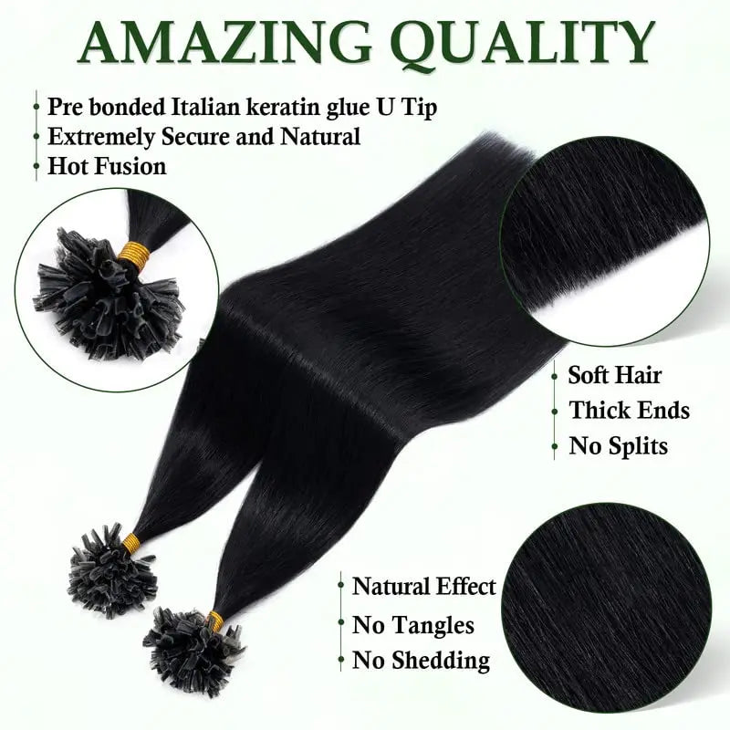 Straight U Tip Hair Extensions Brazilian Real Human Fusion Hair Extension 50pcs/ Set Keratin Capsule #1B Natural Color 16-26inch