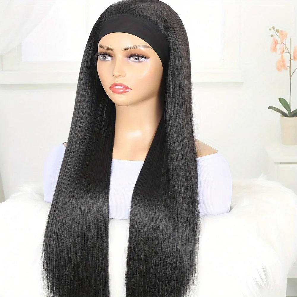 28 Inch Straight Headband Wig Black Heat Resistant Synthetic Hair Women's Headband Wig Full Machine Made Wigs Women