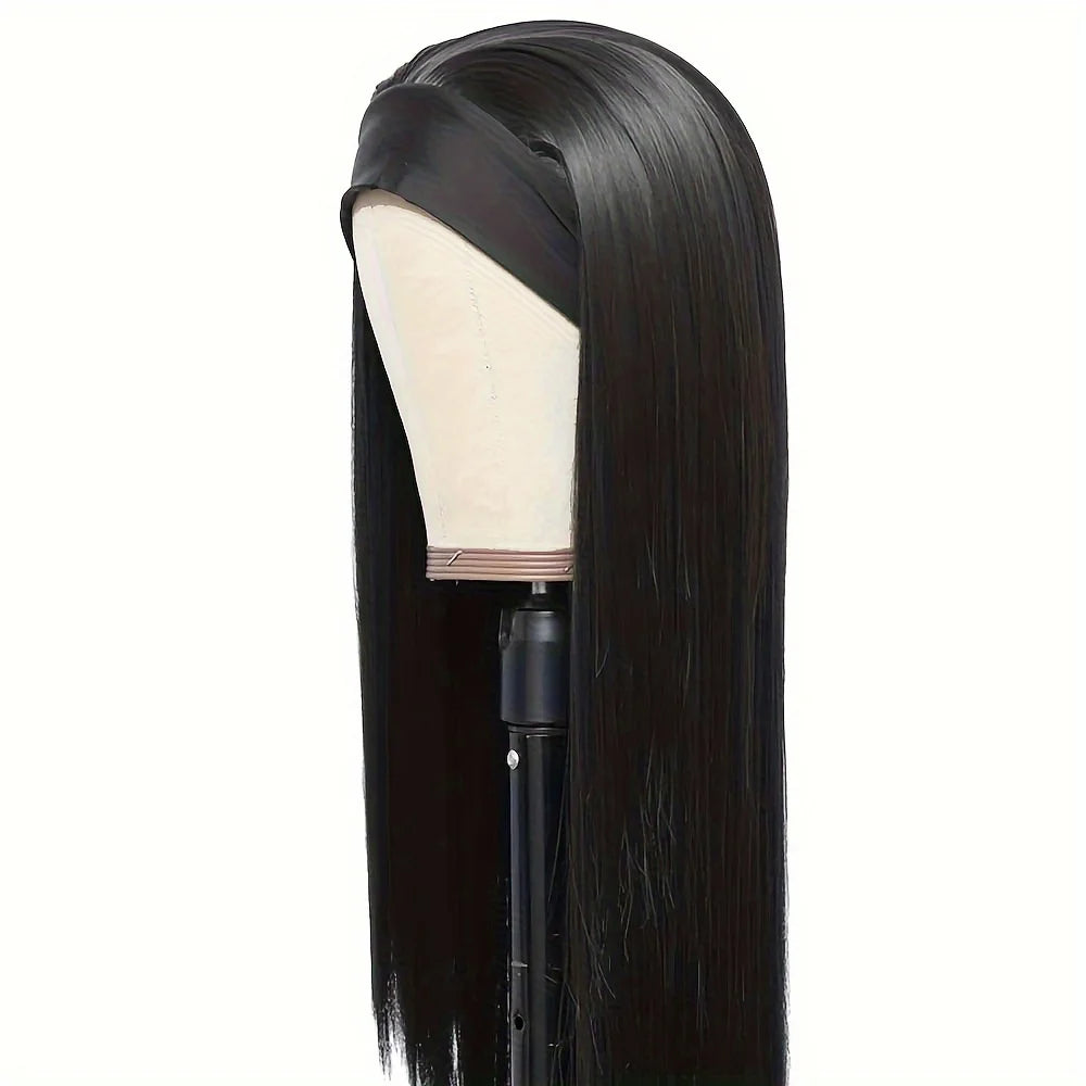 28 Inch Straight Headband Wig Black Heat Resistant Synthetic Hair Women's Headband Wig Full Machine Made Wigs Women