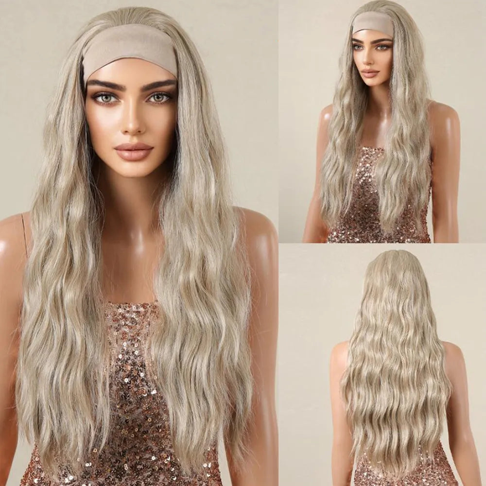 Brown Headband Synthetic Wig Long Curly Wavy Wig Natural Looking Daily Hair for Women Party Cosplay Use High Temperature Fiber