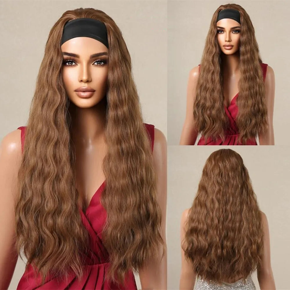 Brown Headband Synthetic Wig Long Curly Wavy Wig Natural Looking Daily Hair for Women Party Cosplay Use High Temperature Fiber