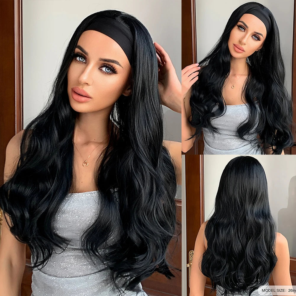 HENRY MARGU Women's Headband Wig Synthetic Hair Long Straight Brown Gloden Highlight Glueless Wigs for Black Women Machine Made