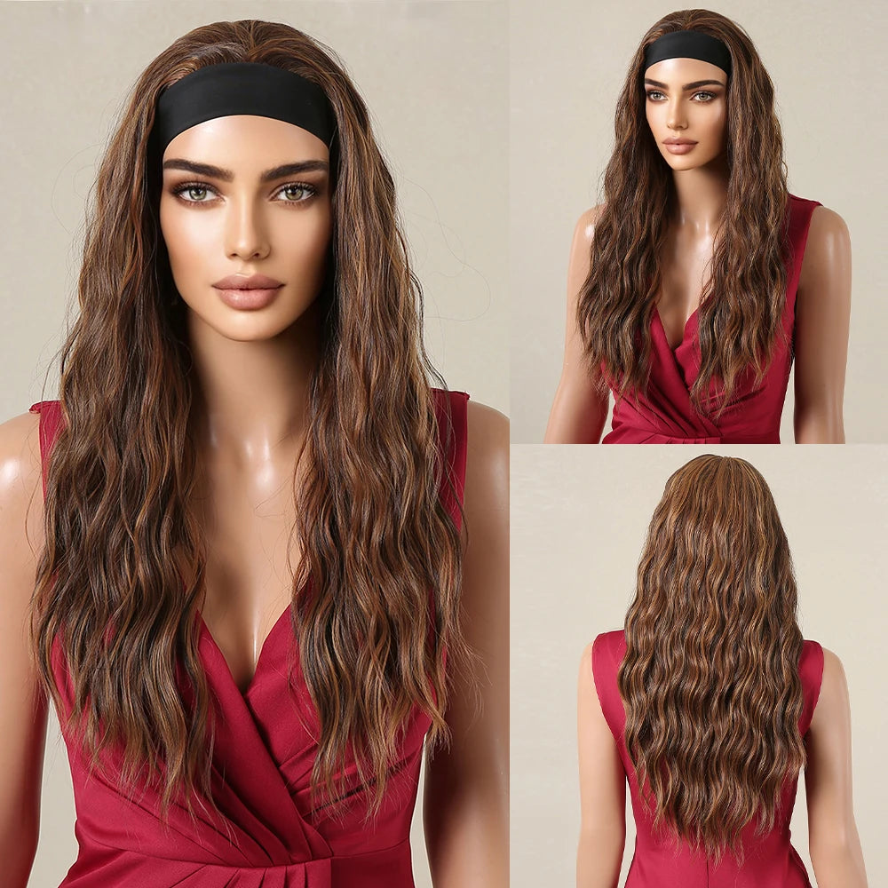 HENRY MARGU Women's Headband Wig Synthetic Hair Long Straight Brown Gloden Highlight Glueless Wigs for Black Women Machine Made