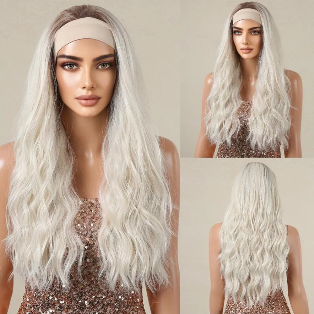 Brown Headband Synthetic Wig Long Curly Wavy Wig Natural Looking Daily Hair for Women Party Cosplay Use High Temperature Fiber