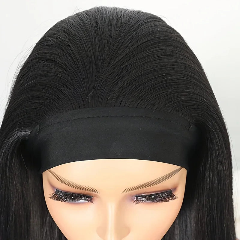 28 Inch Straight Headband Wig Black Heat Resistant Synthetic Hair Women's Headband Wig Full Machine Made Wigs Women